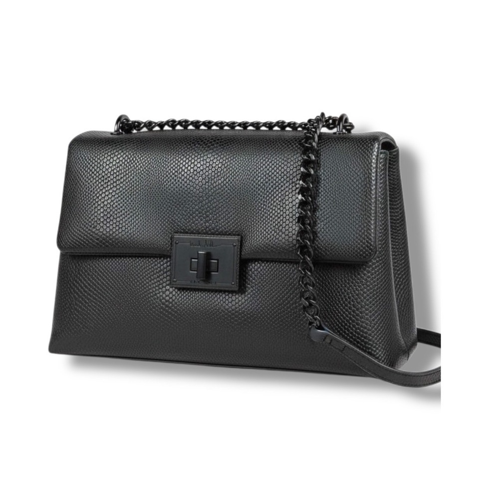 Nicole Miller NWT Black Pebbled Chain Flap Shoulder Bag Quiet Luxury Purse